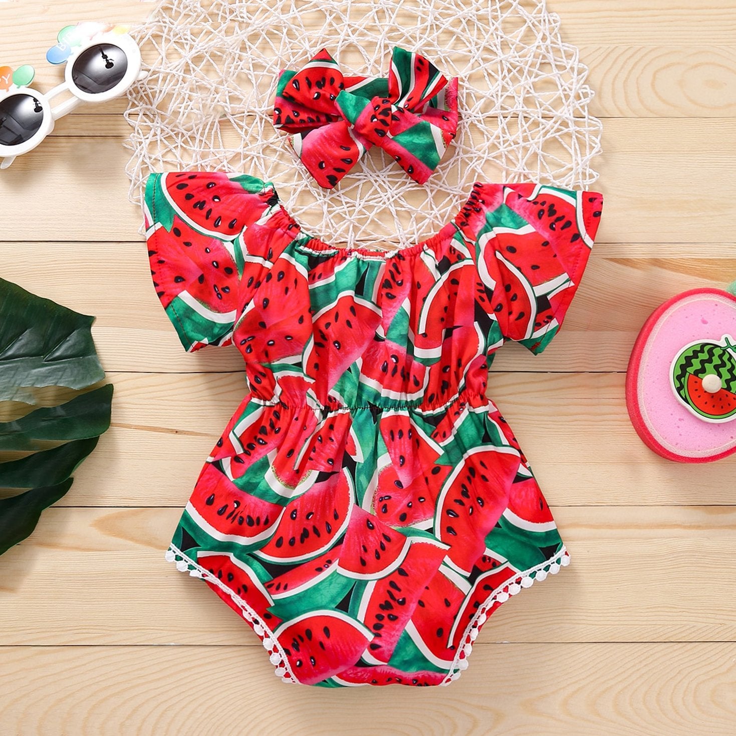 2PCS Lovely Watermelon Printed Baby Romper