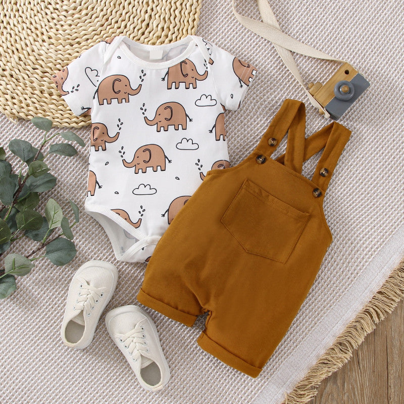 2PCS Cute Elephant Printed Short Sleeve Baby Set