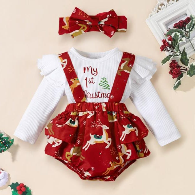 Barboteuse pour bébé à imprimé lettre et élan, 2 pièces, My 1st Christmas
