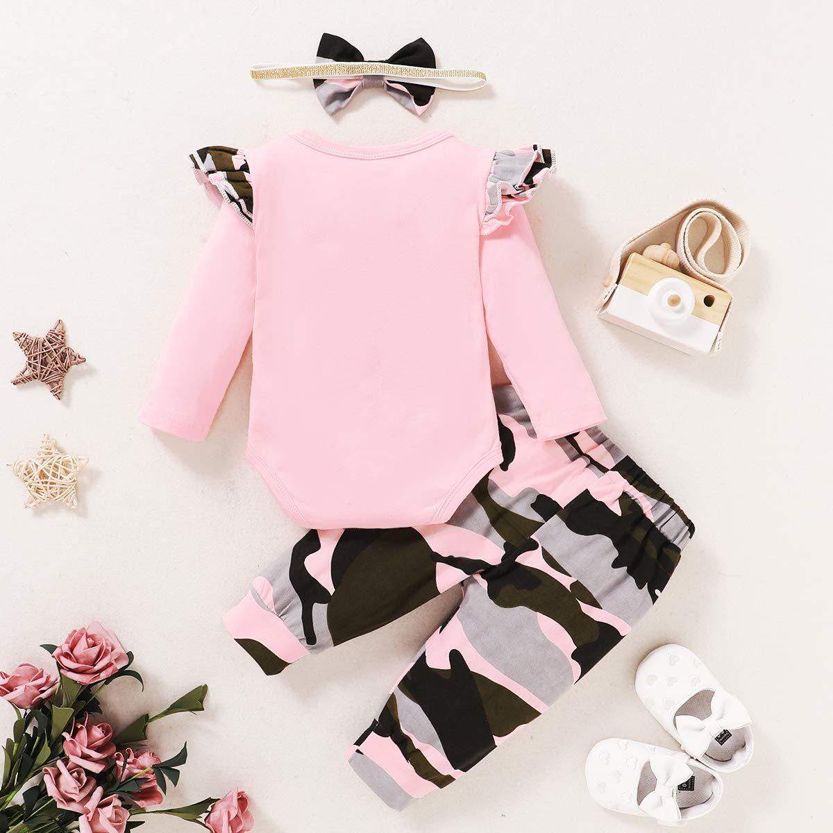 3PCS Daddy's Little Girl Letter Printed Rufffled Romper With Camouflage Printed Bowknot Pants Baby Girl Set