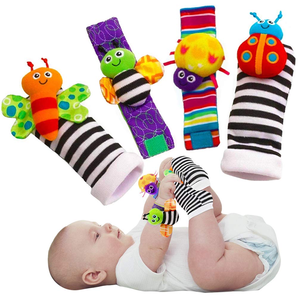 Hochets et détecteurs de pieds pour bébé, 4 pièces, animaux mignons et doux