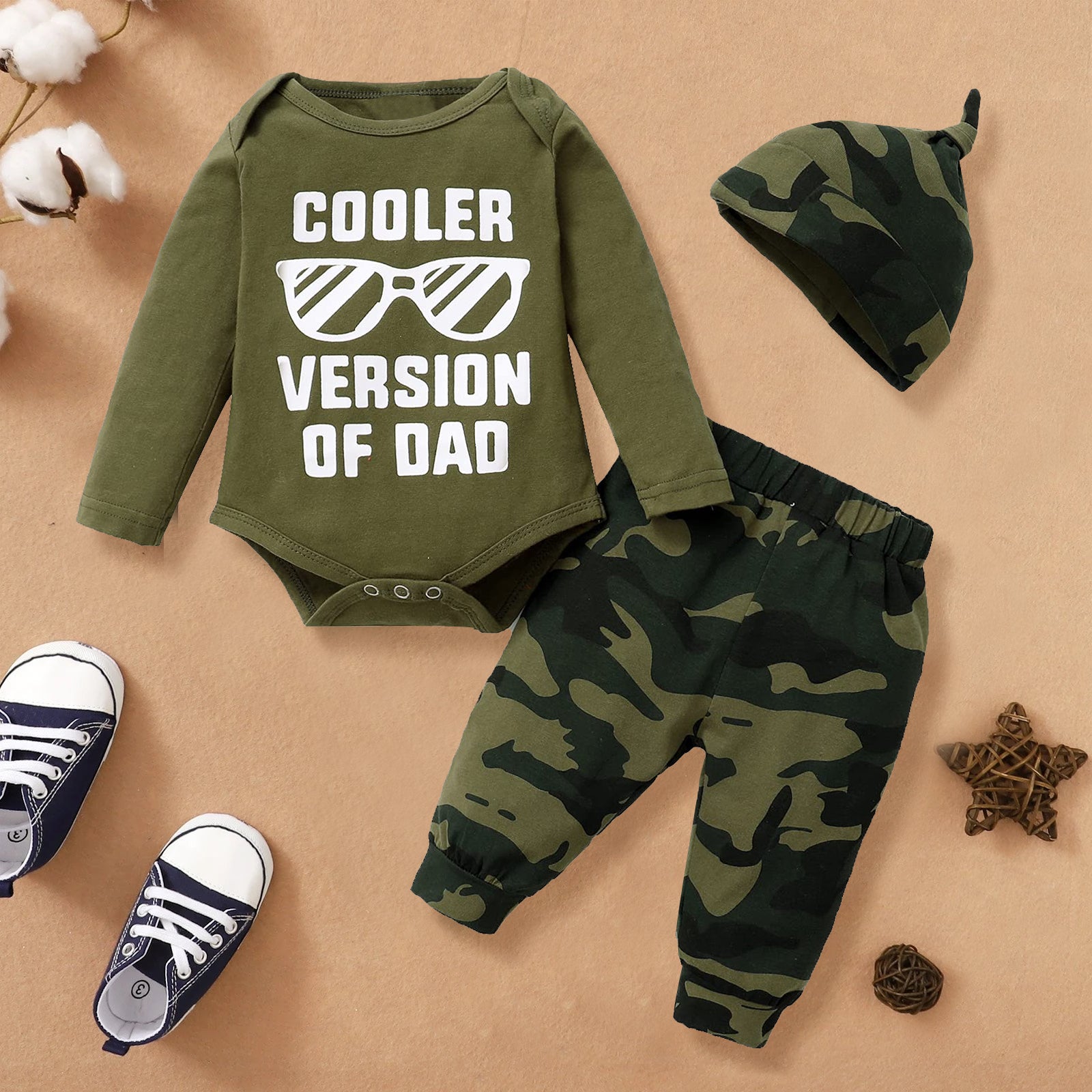 3PCS COOLER VERSION OF DAD Letter Printed Romper with Camo Printed Pants Baby Set