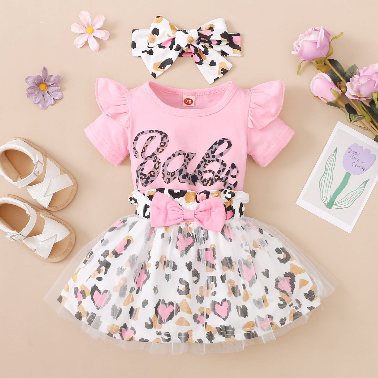 3PCS Lovely Leopard Short Sleeve Baby Set