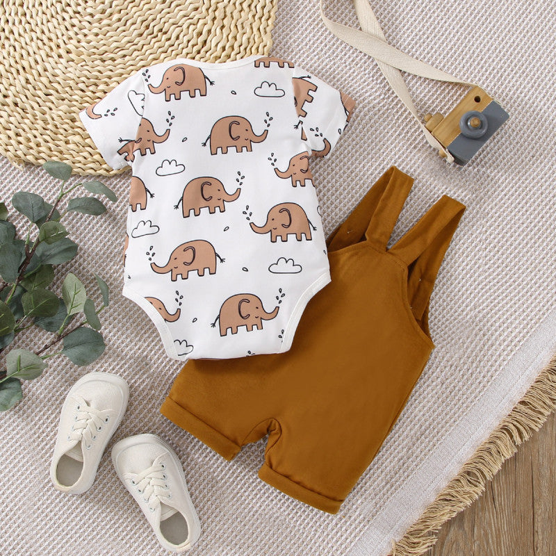 2PCS Cute Elephant Printed Short Sleeve Baby Set