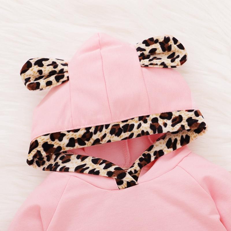2PCS Baby Girl Soild Leopard Printed Long Sleeve Hoodie With Pants Baby Clothes Set