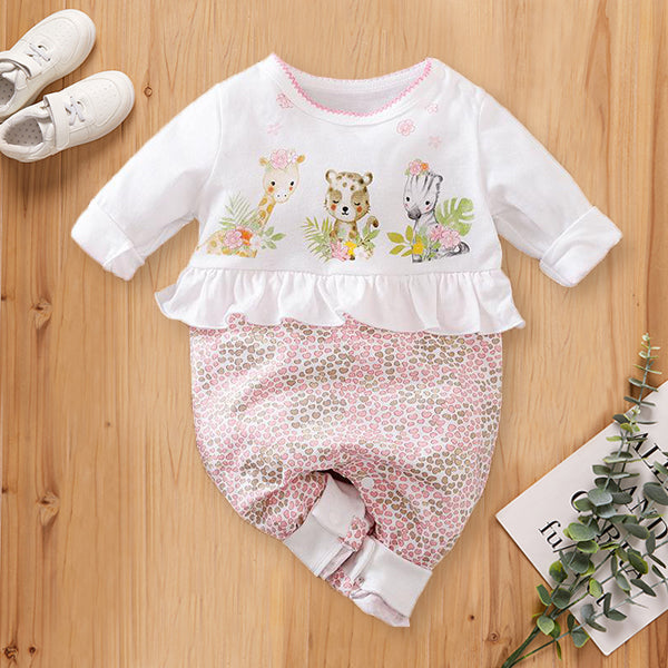 Precioso mono de niña de manga larga con borde doblado y estampado de tres animales