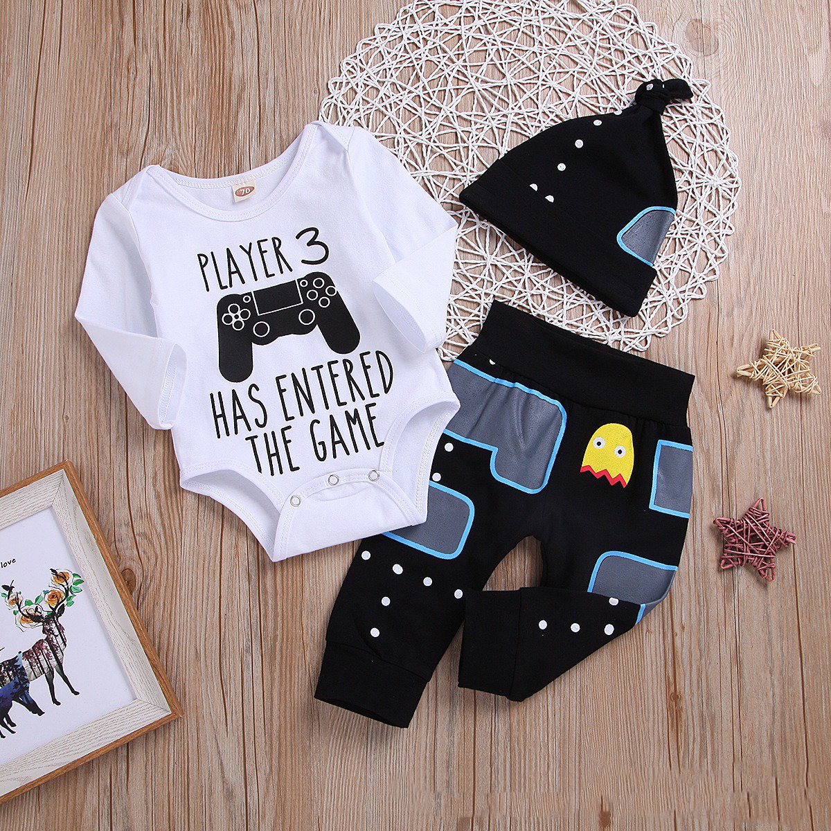 3PCS Player 3 Has Entered The Game Letter Printed Romper with Pants Baby Set