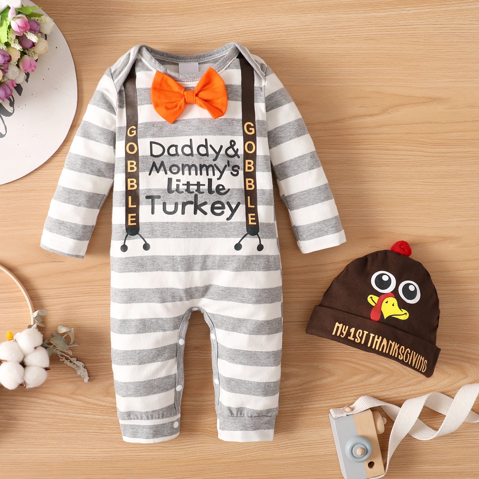 2PCS Thanksgiving Daddy Mommy's little Turkey Letter Printed Baby Jumpsuit