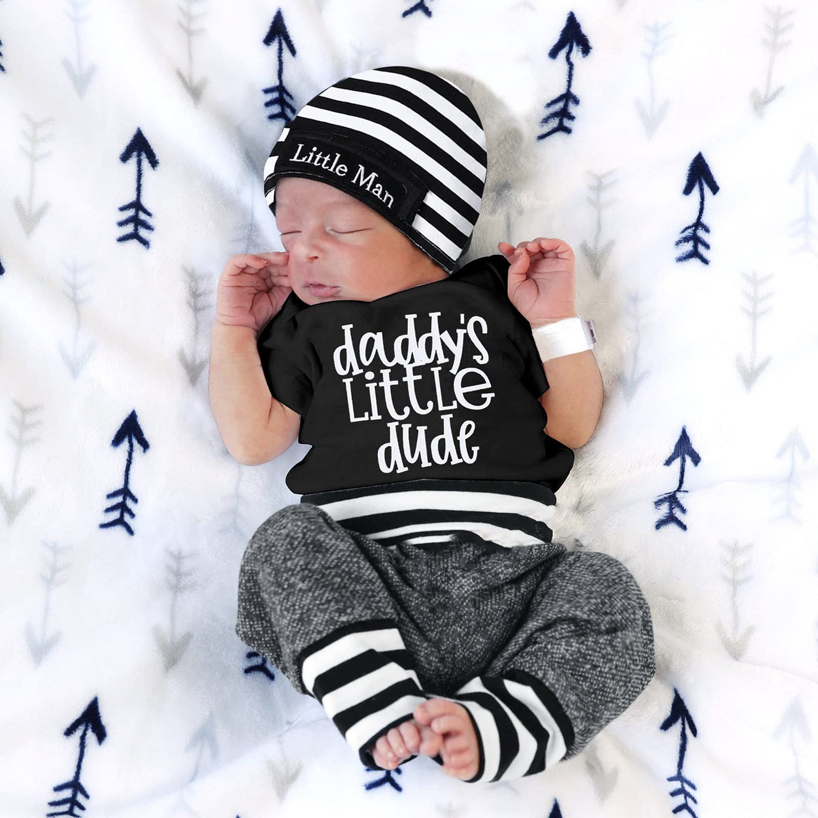 3PCS Daddy's Little Dude Letter Striped Printed Baby Set