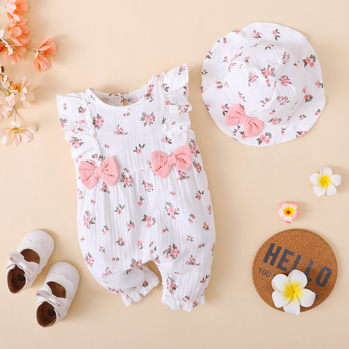 Babyhug Cotton Knit Sleeveless Jumpsuit With Floral & Fruit Print & Bow Applique - Pink main image 0
