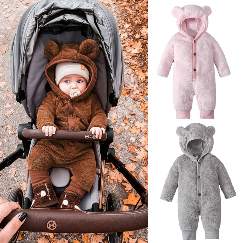 Lovely Bear Solid Color Printed Long Sleeve Baby Hoodie Jumpsuit