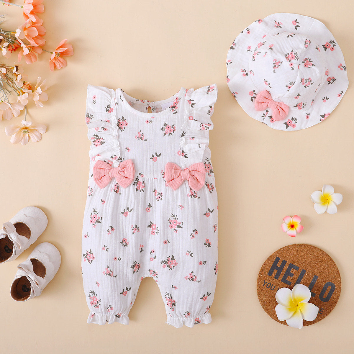 2PCS Pretty Floral Printed Baby Sleeveless Jumpsuit