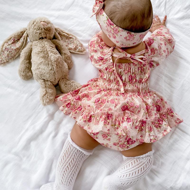 Barboteuse à manches longues pour bébé, 2 pièces, motif floral doux