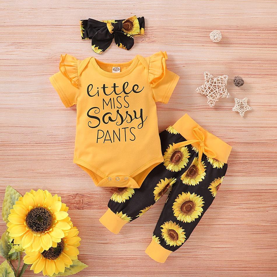 Body imprimé tournesol à manches courtes et lettres avec ensemble imprimé floral 3 pièces