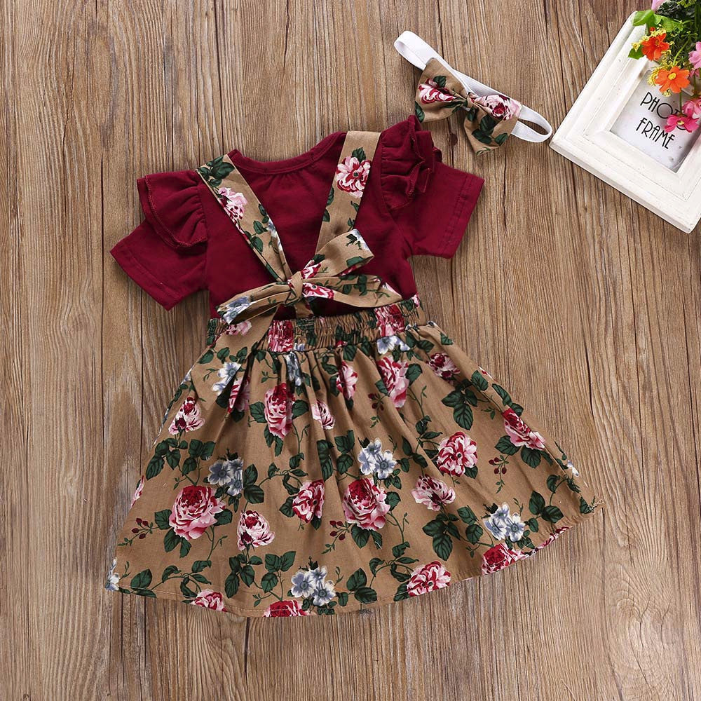 Conjunto de bebé de 3 piezas de body de manga corta con falda floral
