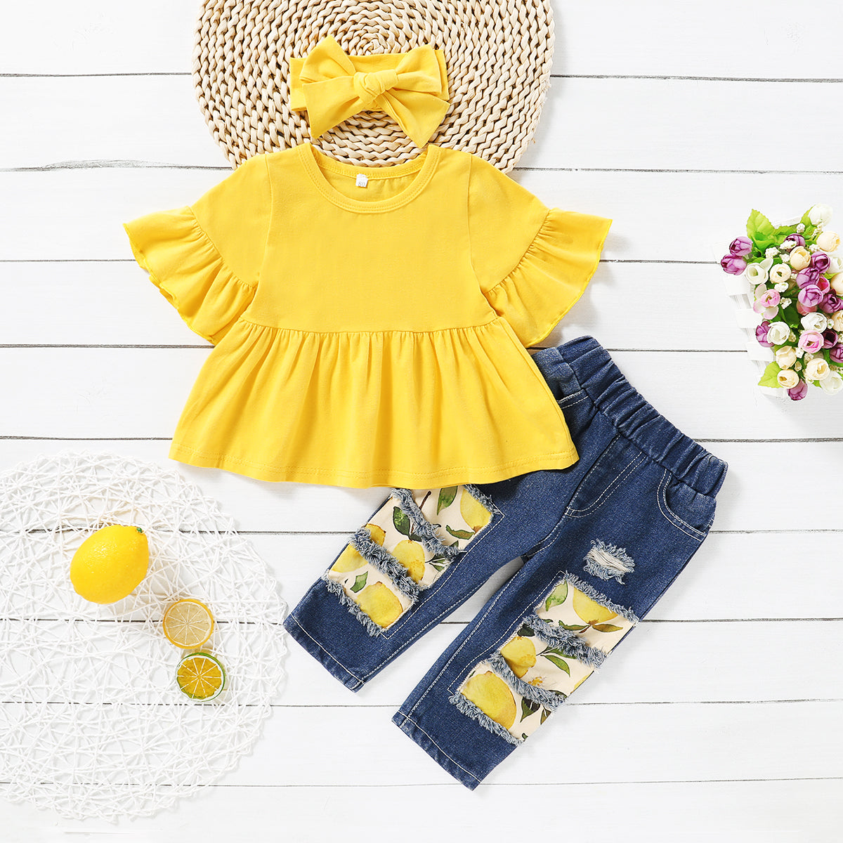 3PCS Baby/Toddler Solid Top and Floral Jean Set