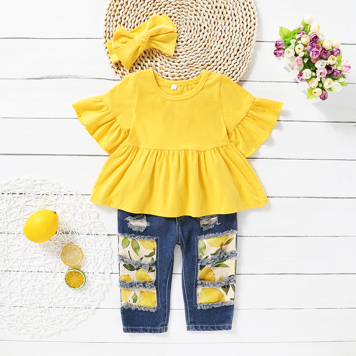 3PCS Baby/Toddler Solid Top and Floral Jean Set