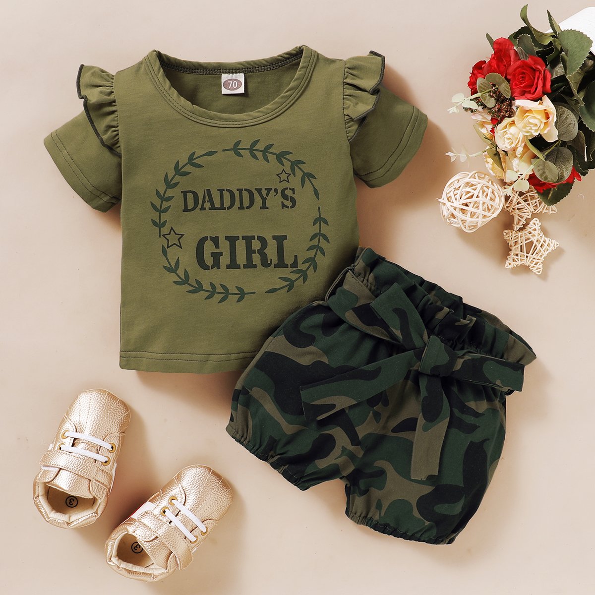 Daddys Girl Ruffle Shoulder Top With Camouflage Shorts Baby Set