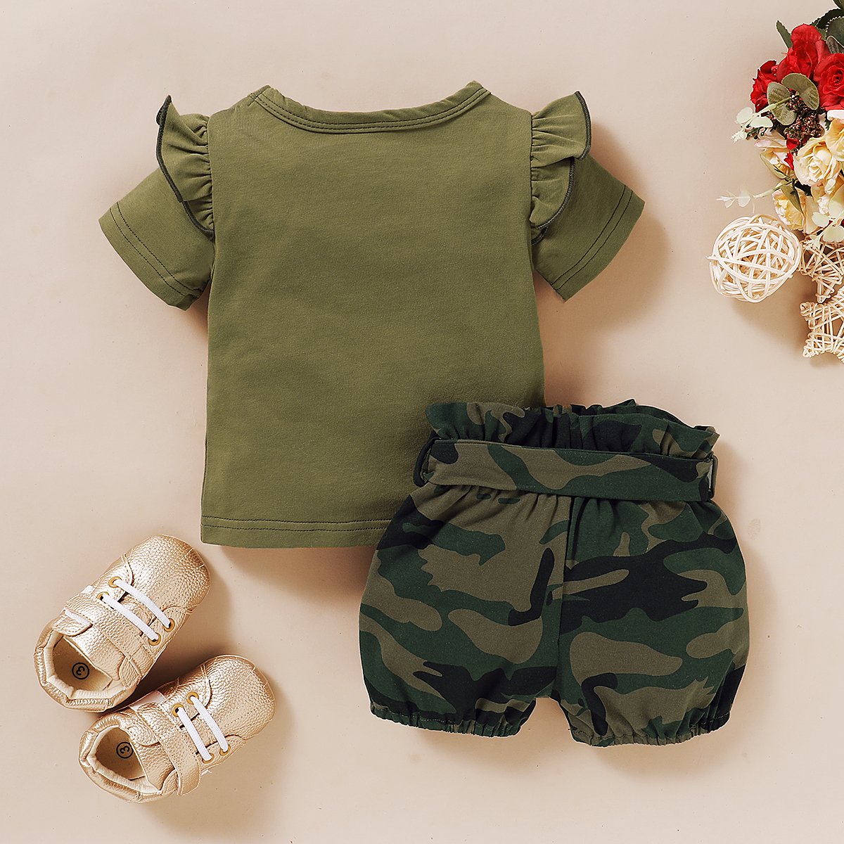 Daddys Girl Ruffle Shoulder Top With Camouflage Shorts Baby Set