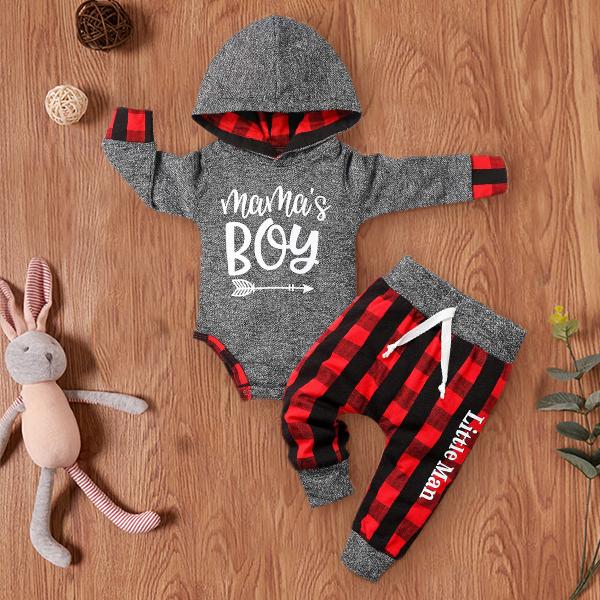 2PCS Mama's Boy Letter Printed Hoodie with Plaid Pants Baby Set
