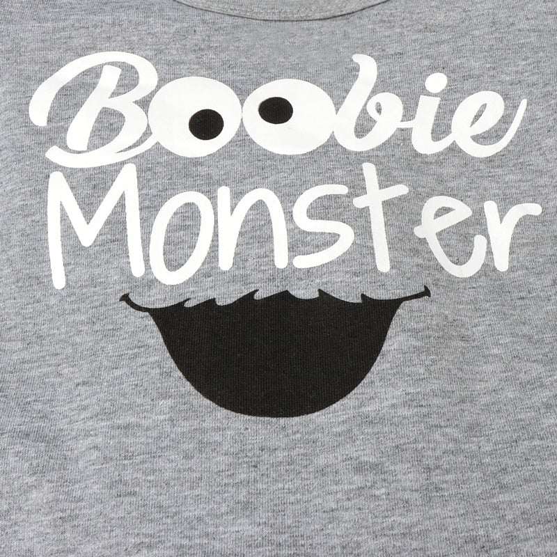 3PCS Boobie Monster Lettre Imprimé Barboteuse Avec Lait Imprimé Pantalon Bébé Ensemble