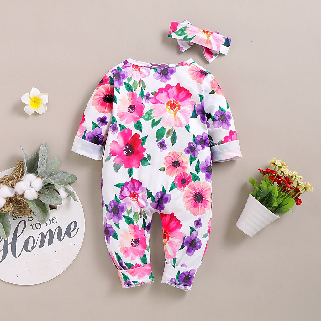 2PCS Infant Baby Long Sleeve Floral Printed Zipper Jumpsuit