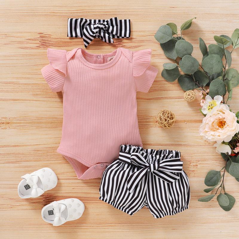 3PCS Cute Striped Belted Baby Set