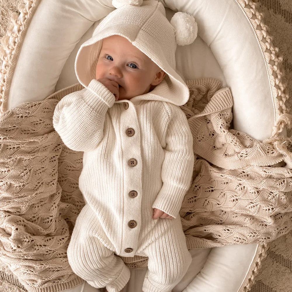 Cute Solid Color Baby Long Sleeve Hooded Jumpsuit