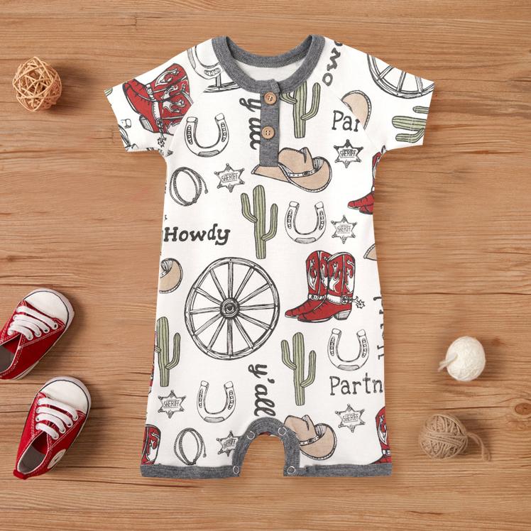 Cute Howdy Partner Cowboy Printed Baby Romper