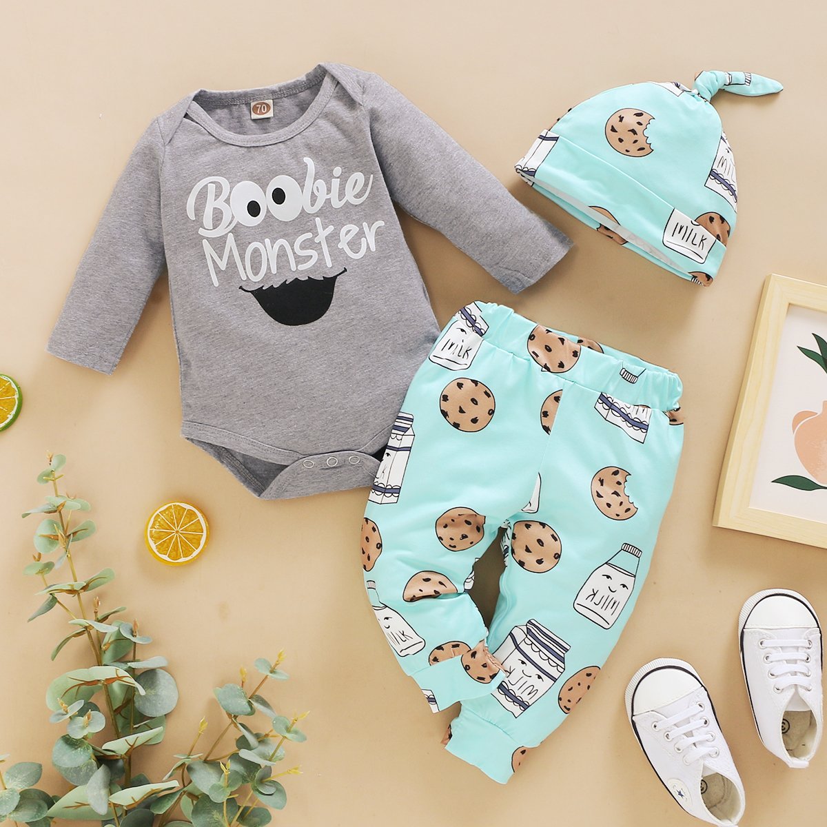 Boobie Monster Letter Printed Romper With Pants Baby Set