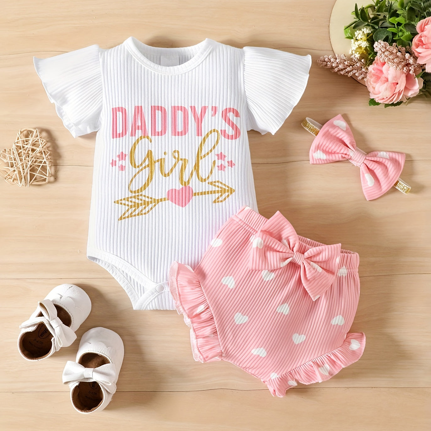 3PCS Daddy's Girl Letter Heart Printed Baby Set