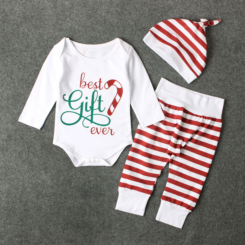 Conjunto de bebé con estampado de rayas navideñas y letras, el mejor regalo de 3 piezas