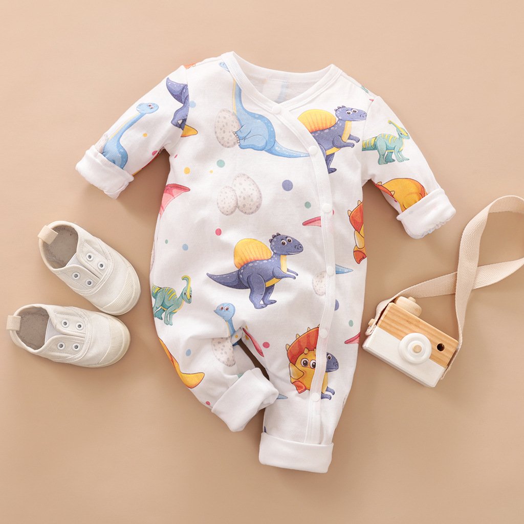 Newborn Baby Lovely Cartoon Mother Dinosaur Printed Long-sleeve Jumpsuit