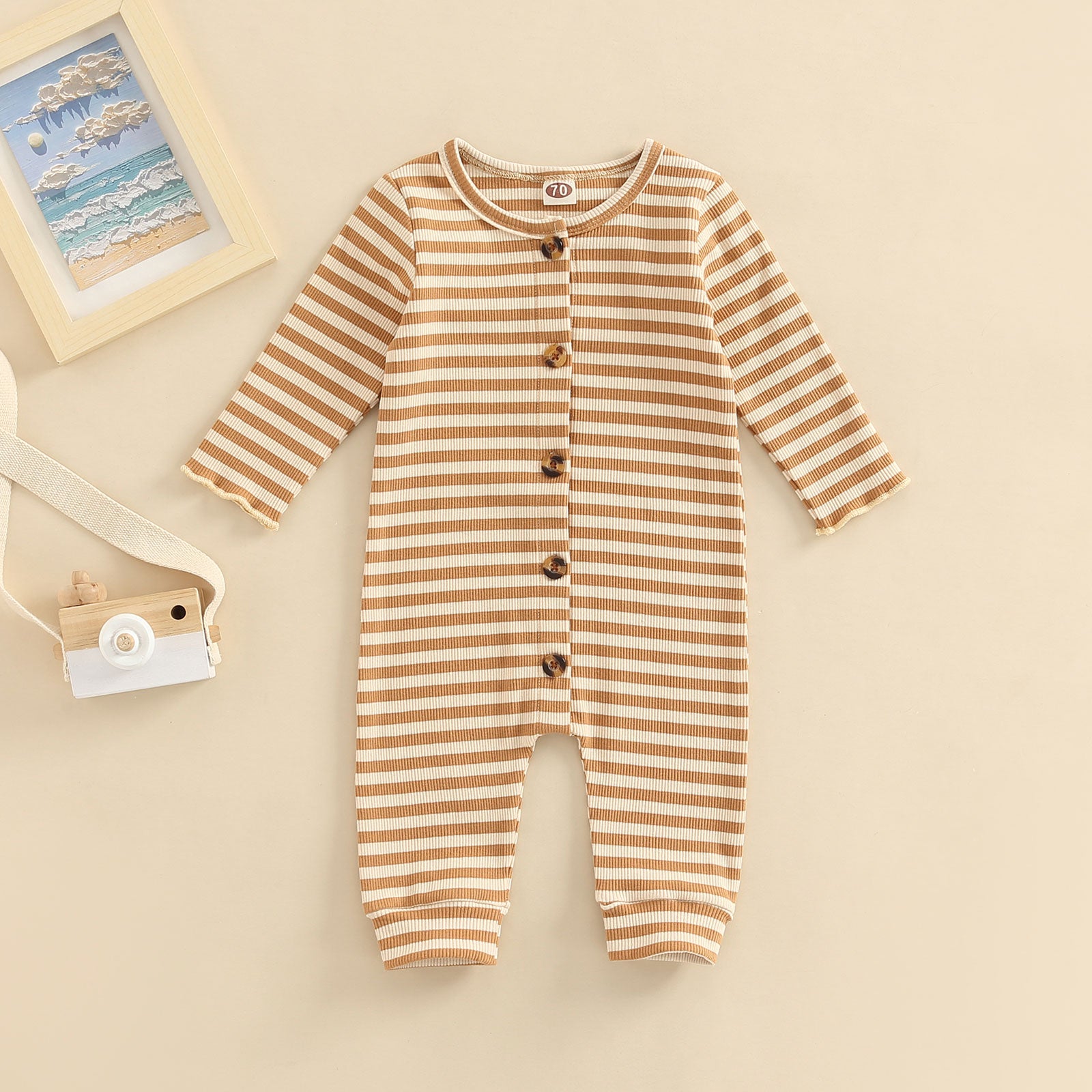 Lovely Brown Stripe Baby Long Sleeve Jumpsuit