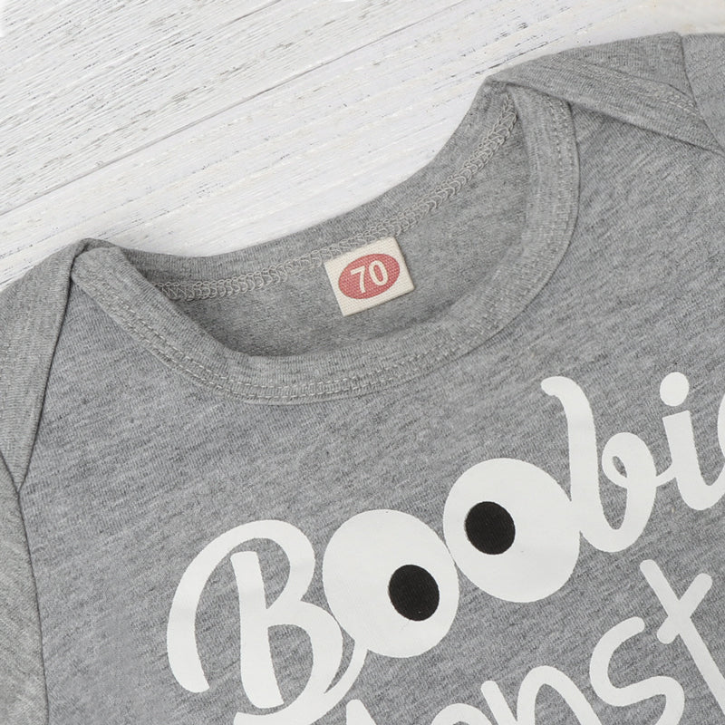 3PCS Boobie Monster Lettre Imprimé Barboteuse Avec Lait Imprimé Pantalon Bébé Ensemble