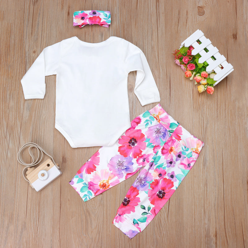 3PCS Baby Girl Daddy's Girl Mommy‘s World Letter Printed Romper with Full Floral Printed Pants Baby Set