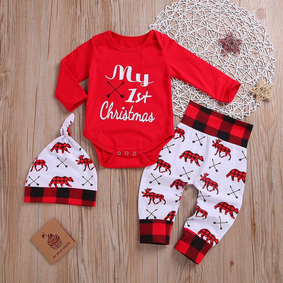 3PCS My 1st Christmas Bear Printed Baby Set