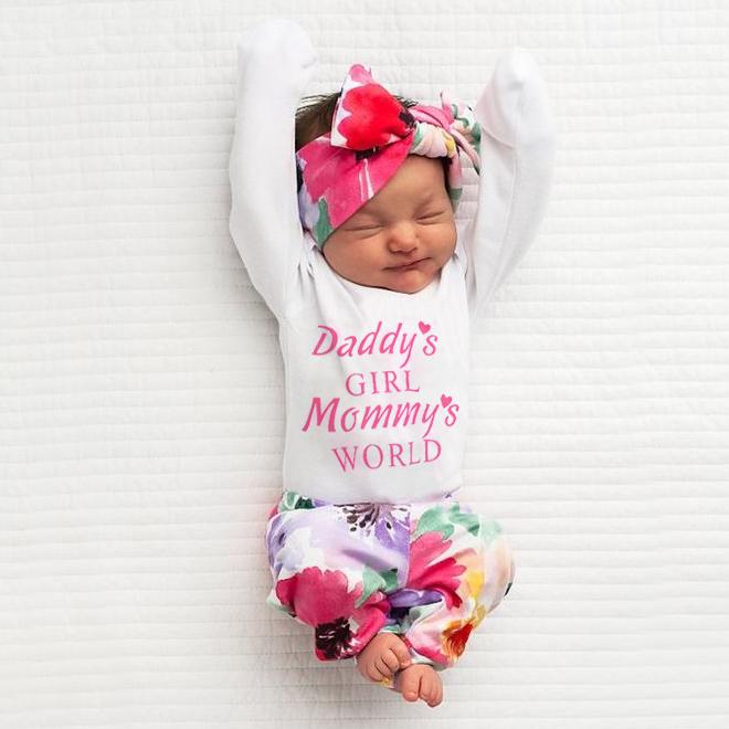 3PCS Baby Girl Daddy's Girl Mommy‘s World Letter Printed Romper with Full Floral Printed Pants Baby Set