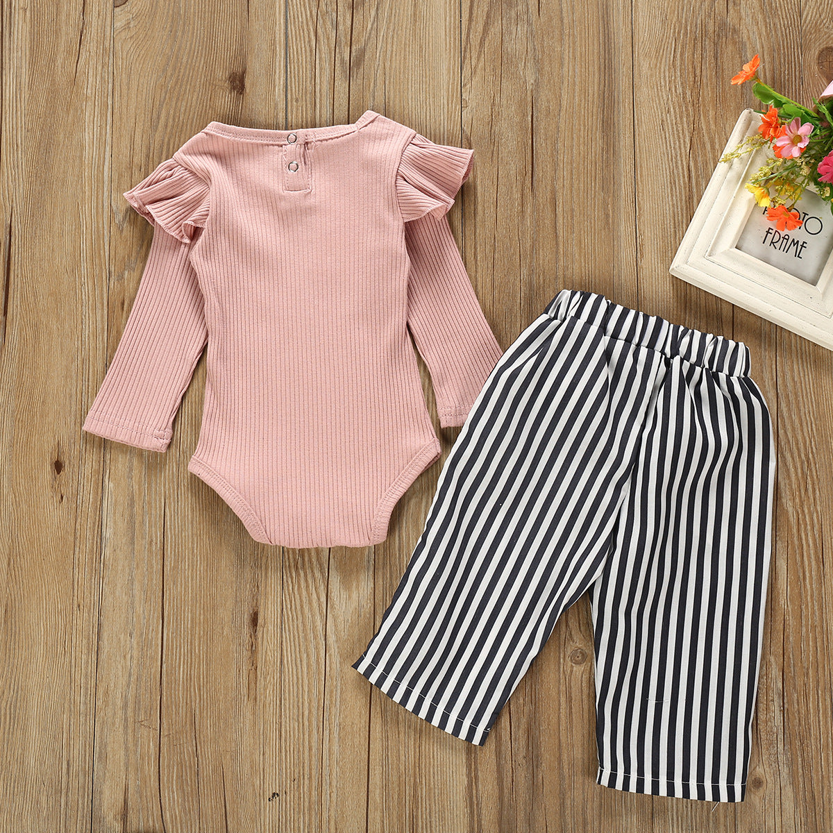 Ruffled Bodysuit and Striped Belted Pants