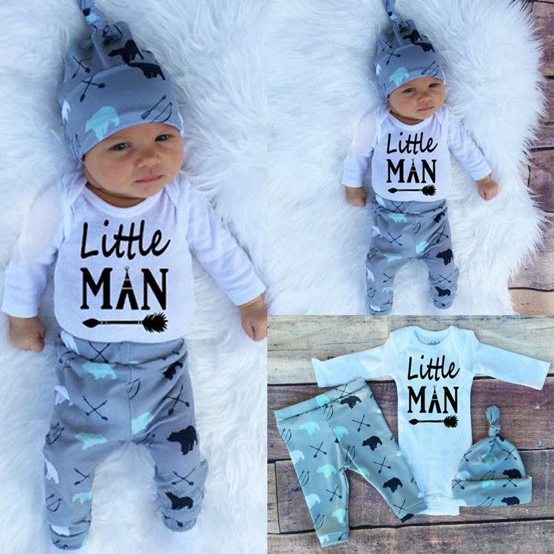 3PCS Little Man Bear Printed Long Sleeve Baby Boy Set