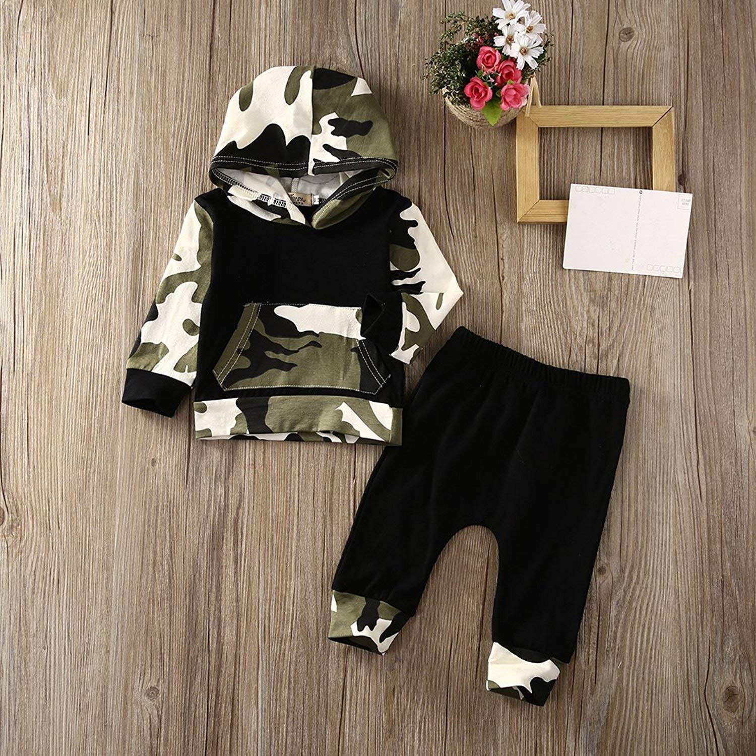 Infant Baby Boys Camouflage Hoodie Tops +Long Pants Outfits Set