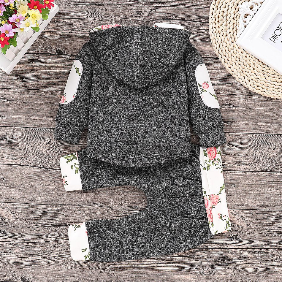 Conjunto de 2 piezas con sudadera con capucha con empalme floral y pantalones con bloques de color