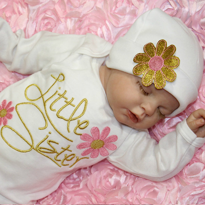 Baby NewBorn Little Sister Floral Print Pajamas and Hat