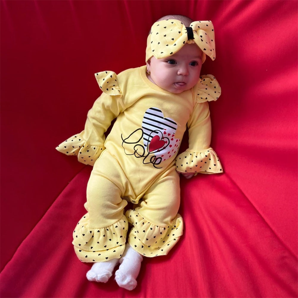2PCS Love Letter Heart Long Sleeve Ruffle Baby Jumpsuit