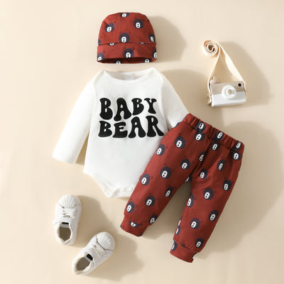 3PCS Adorable Bear Printed Long Sleeve Baby Set