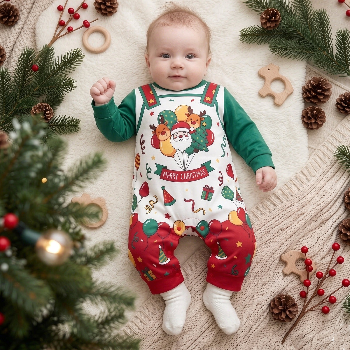 Cute Merry Christmas Letter Holiday Print Long Sleeve Baby Jumpsuit