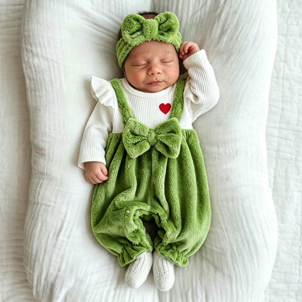 2PCS Fuzzy Christmas Heart Embroidery Long Sleeve Baby Jumpsuit
