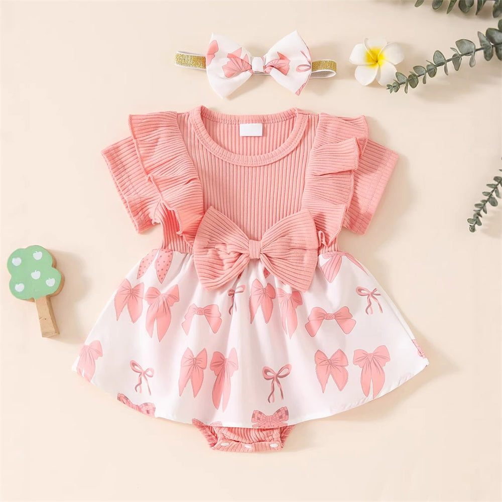 2PCS Causal Bow Printed Ruffled Short Sleeve Baby Romper