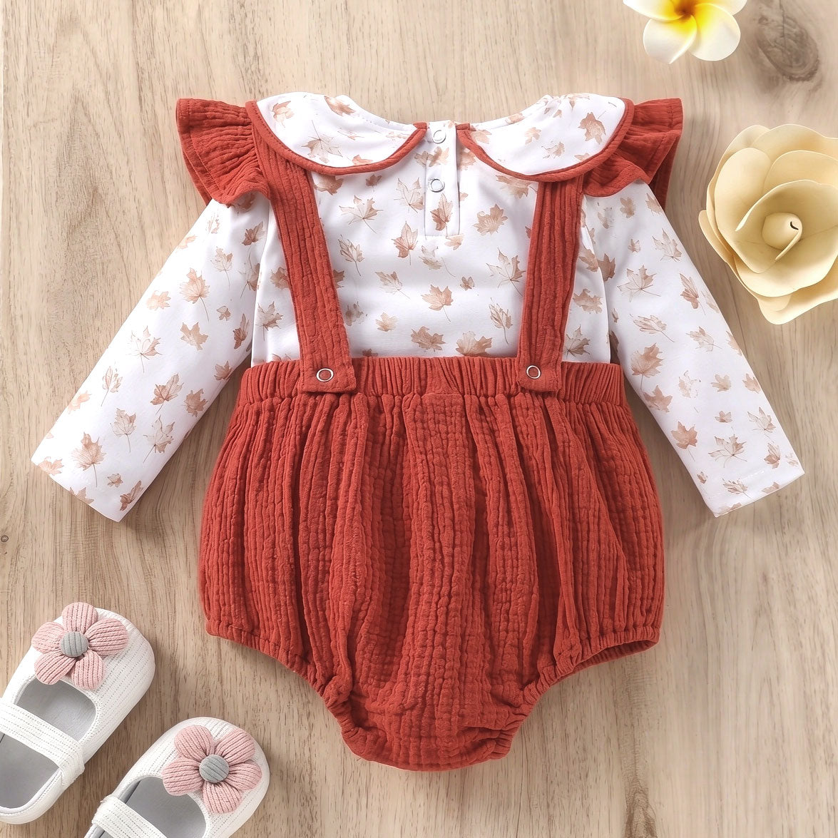 2PCS Pumpkin Embroidery Maple Leaf Printed Long Sleeve Baby Overalls Set