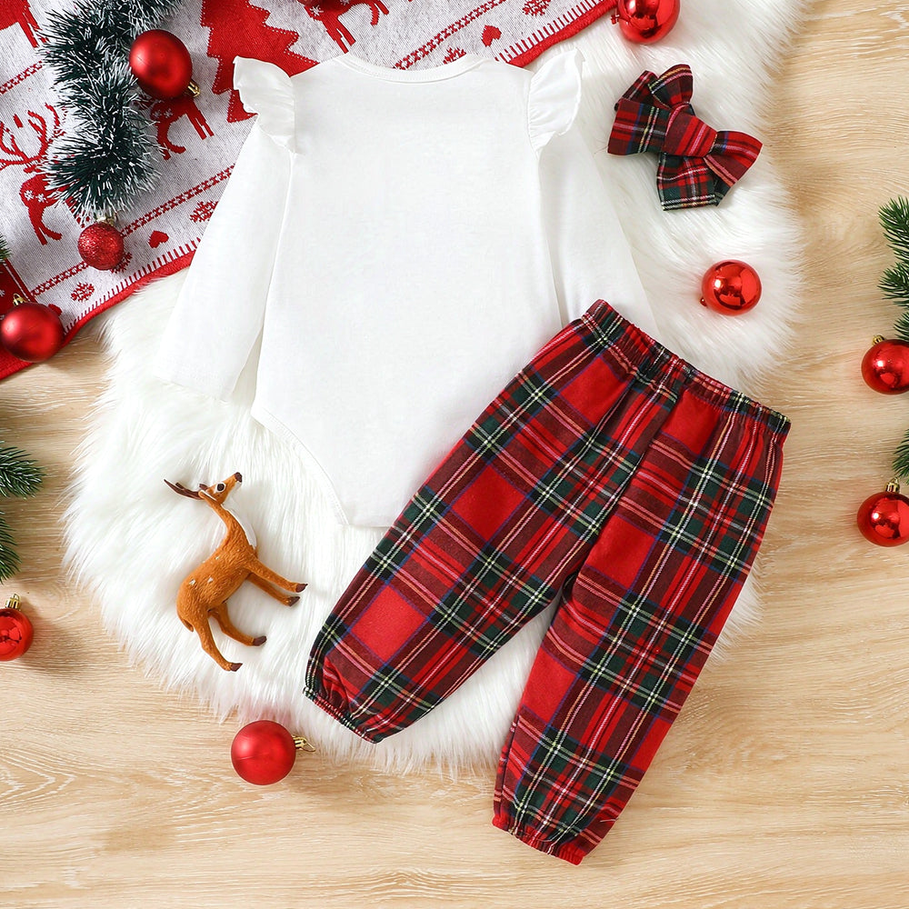 3PCS Merry Christmas Letter Plaid Print Long Sleeve Baby Set